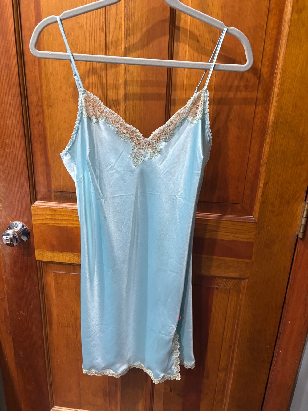 Light Blue Satin Lace Trim Slip Dress - Women's Intimates